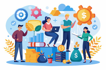 people are standing around a pile of money and coins, financial literacy workshop series empowering individuals with essential money management skills