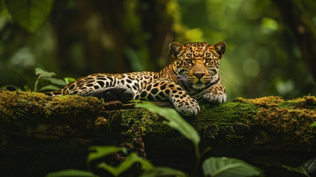 Leopard relaxing in the rainforest on the timber with moss