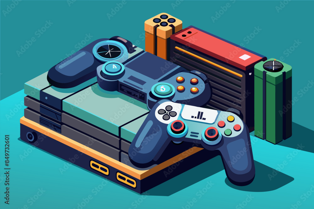 Poster a video game console and two controllers, high-end gaming console, with detailed controllers and por