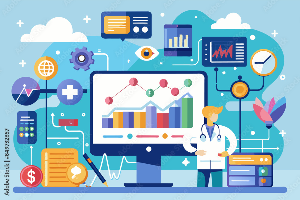 Poster a man standing in front of a computer screen with graphs and other items, healthcare data analytics platform for evidence-based decision-making and quality improvement