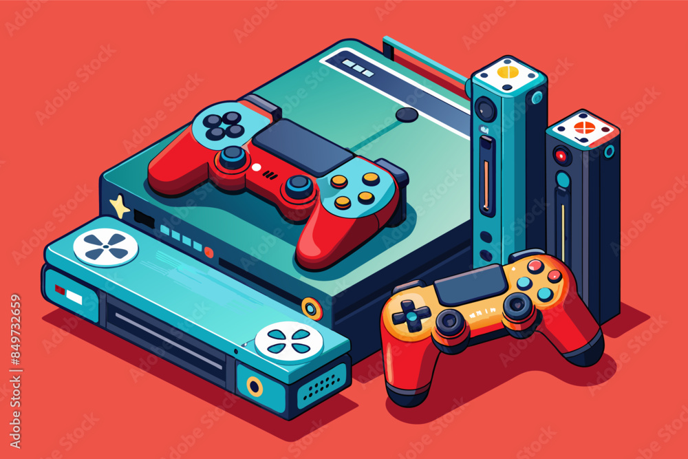 Poster a video game console and two controllers, high-end gaming console, with detailed controllers and por