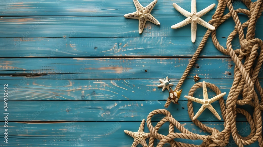 Poster Nautical and summer background top view on wooden background : Generative AI