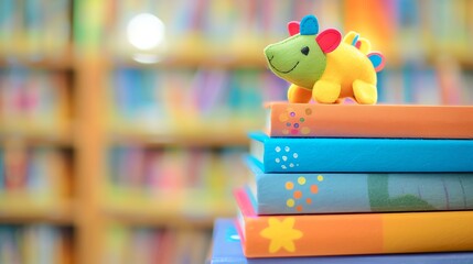 A colorful plush toy dinosaur sitting on a stack of books in a library.