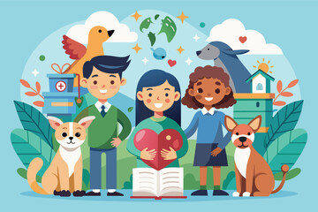 a group of people with animals and books, humane education program teaching empathy, compassion, and respect for all living beings