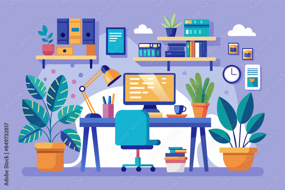 Poster a desk with a computer, bookshelf, and a clock, modern workspace in flat design, complete with desk,