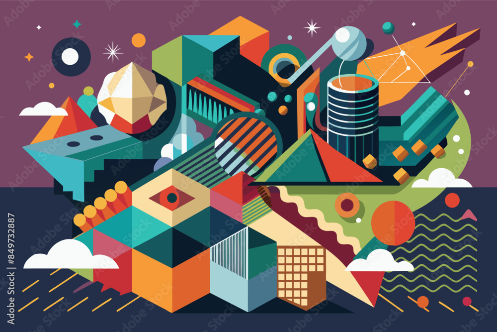 Poster a colorful illustration of a city with buildings and other things, an abstract mixed-media artwork e