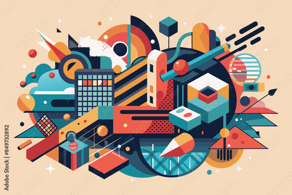 Poster a colorful illustration of a city with buildings and other things, an abstract mixed-media artwork e