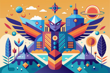 a colorful illustration of a bird with a city in the background, An abstract artwork depicting the concepttransformation