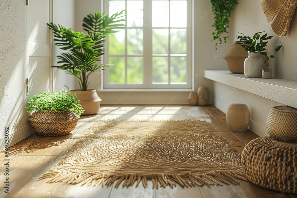 Poster a simple hallway adorned with natural textures, clean lines, and functional storage solutions. conce
