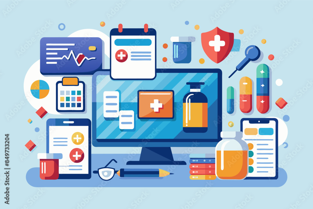 Poster a computer screen with medical icons on it, an electronic prescription platform for efficient medica