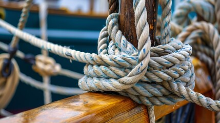 nautical knots on the ropes of an antique historical sailing ship : Generative AI
