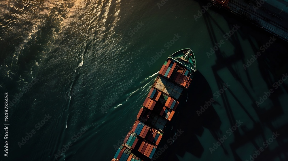 Poster aerial top view container ship in export and import business and logistics shipping cargo to harbor 