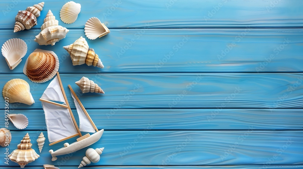 Poster nautical concept with white sail boat and seashells over blue wooden background : generative ai