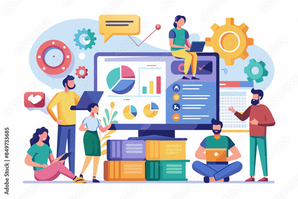 Poster a group of people sitting around a laptop, an interactive presentation with multimedia elements for 