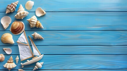 nautical concept with white sail boat and seashells over blue wooden background : Generative AI