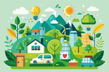 a green city with a car and a truck, an infographic presenting tips for eco-friendly living and reducing carbon footprint in flat vector design
