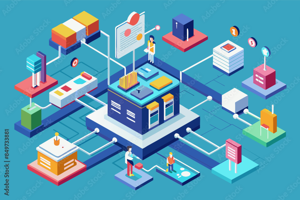 Poster a blue background with a bunch of different objects, An isometric infographic illustrating a complex workflow or system