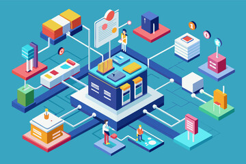 a blue background with a bunch of different objects, An isometric infographic illustrating a complex workflow or system