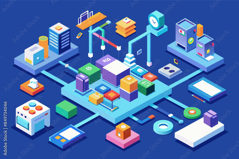 Poster a blue background with a bunch of different objects, An isometric infographic illustrating a complex workflow or system