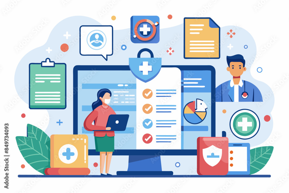 Poster a woman standing in front of a computer with medical icons, patient-centered health record system fo