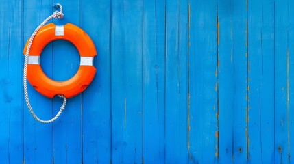 An orange lifebuoy hangs from a white cord on a bright blue wooden background The concept of safety of people on the water river sea ocean Decorative nautical style : Generative AI