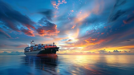 Container cargo ship in ocean at sunset dramatic sky background with copy space Nautical vessel and...