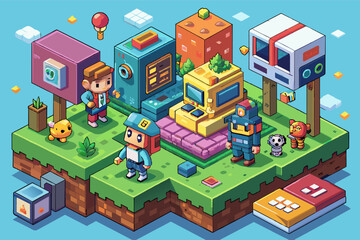 a pixel pixel game with a bunch of items, An isometric pixel art animation with retro-inspired characters