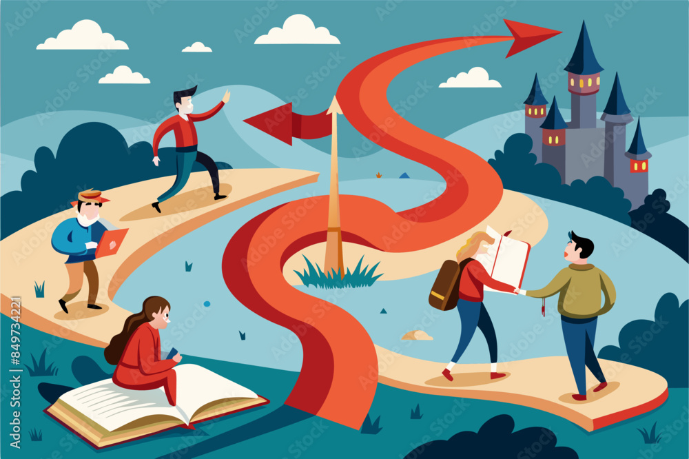 Aufkleber a group of people walking on a path with a book, plot twist changes the directionthe story entirely