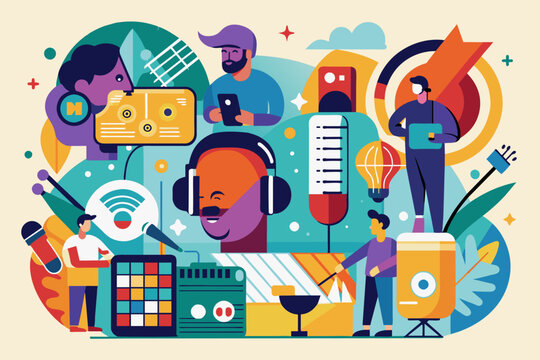 a group of people with headphones and microphones, podcast exploring the intersectionmusic, culture, and society