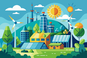 people are planting trees in the park, renewable energy project harnessing solar or wind power to reduce carbon emissions