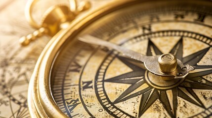 Retro style antique golden compass sundial and old nautical chart closeup Vintage still life Sailing accessories Wanderlust travel and navigation theme Graphic resources copy space : Generative AI