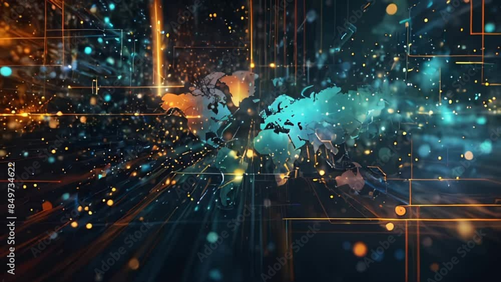 Poster digital cyberspace with particles and digital data network connections with map earth. high speed co