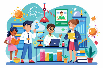 a group of children in a science lab, science fair showcasing student-led research projects and experiments