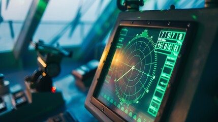 Radar screen with green display indication on a captains bridge of modern ship : Generative AI