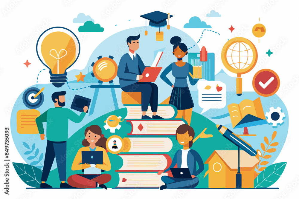 Aufkleber a group of people sitting on top of books, student-centric mentoring program aimed at improving acad