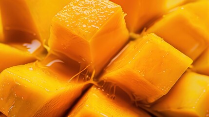Mango slice macro cut close-up. Fresh tropical mango texture surface for wallpaper banner background with copyspace