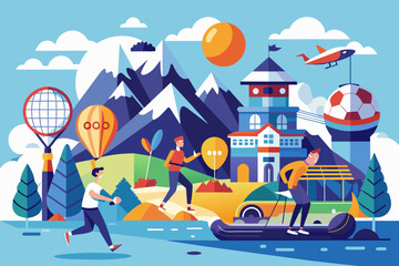 a group of people are playing soccer in the park, sports tourism initiative promoting destination-based events and competitions to attract participants and spectators