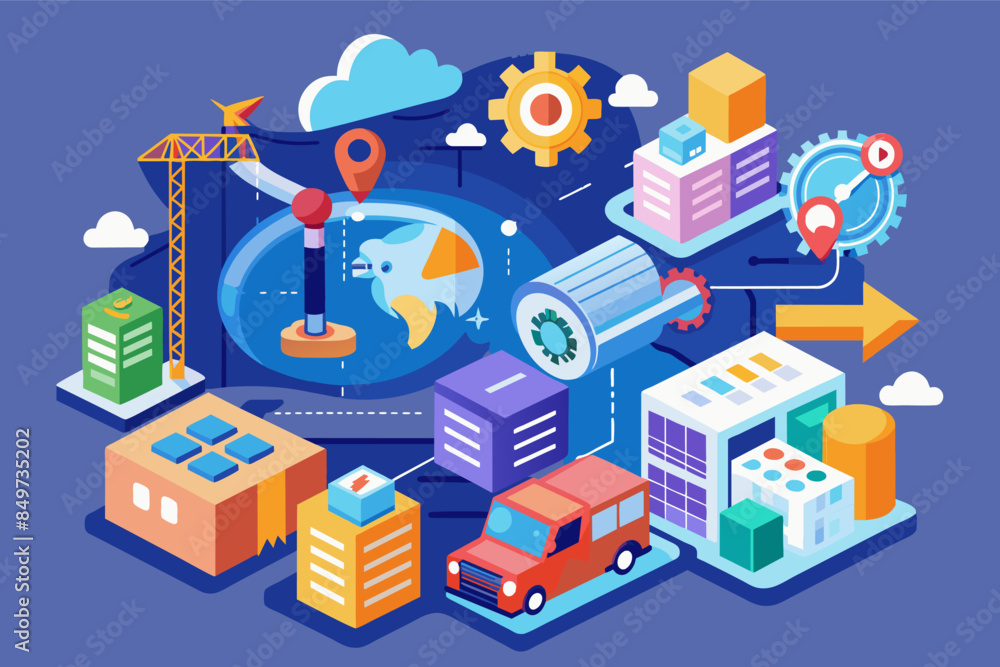 Poster a blue background with a bunch of different items, supply chain optimization solution for streamlining operations and reducing costs