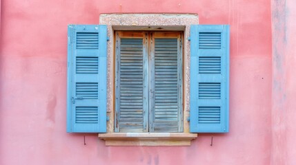 Window wooden shutters on pastel pink wall background