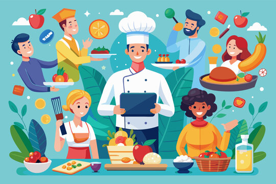 a chef with a tablet surrounded by people, virtual cooking competition series showcasing home chefs and their signature dishes