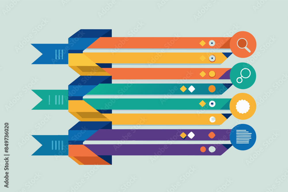 Poster a flat design with a lot of different colored ribbons, Create infographic banners or ribbons to highlight key points or sections within an infographic