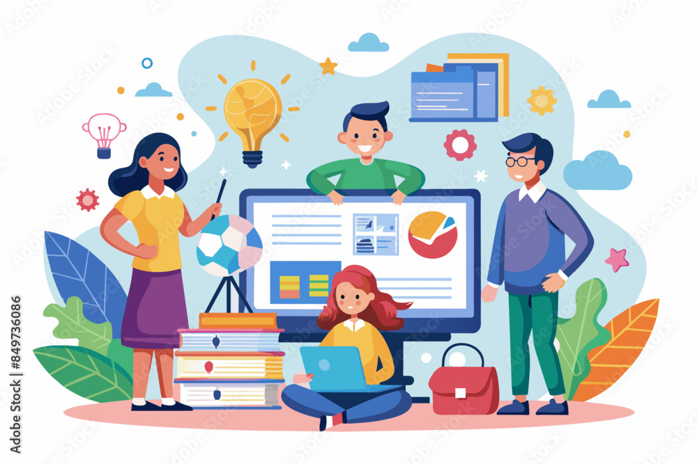 Poster people are sitting on a desk with a computer and books, educational website with resources for teach