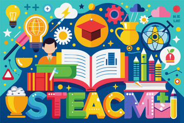 a colorful illustration of a teacher's desk with books and other school supplies, colorful educational poster to promote literacy or STEM education