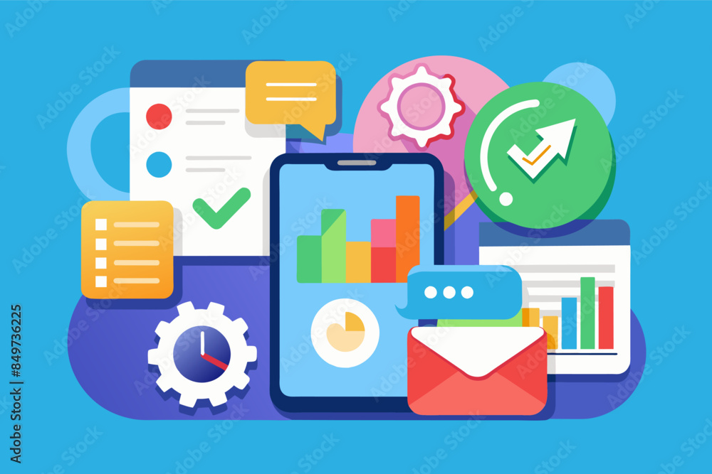 Poster a phone with a bunch of different icons on it, icon for a productivity app that conveys efficiency and organization