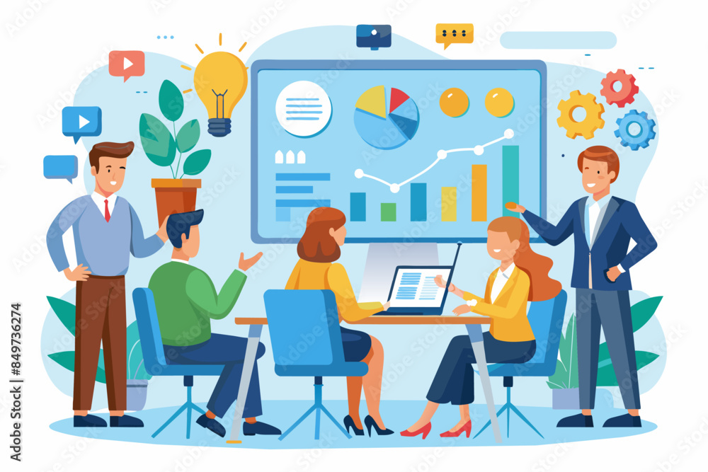 Poster a man in a business suit is giving a presentation to a group of people, presentation template for pi
