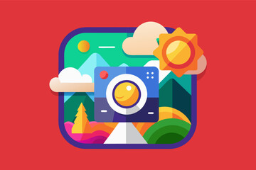 a camera with a mountain in the background, icon for a photography app that captures the essencecreativity and expression
