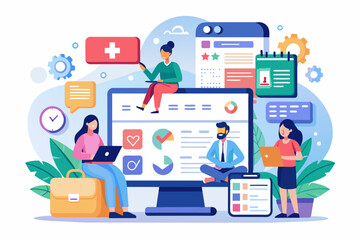 people are sitting around a computer with a monitor and a laptop, online platform for scheduling appointments and accessing medical records