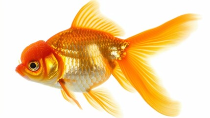 Graceful orange and white goldfish gliding through a white backdrop with its elegant fins extended