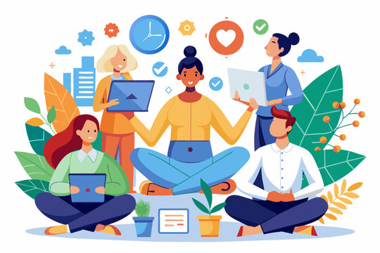 a group of people sitting around a laptop, wellness program for promoting employee health and reducing stress in the workplace