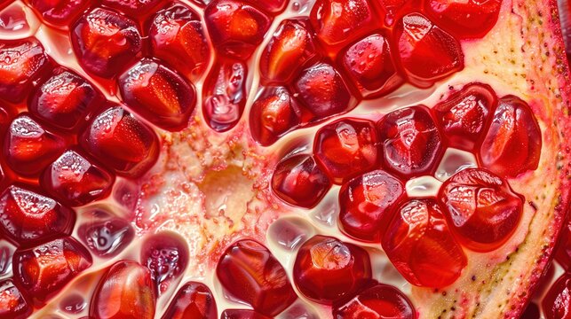 Pomegranate slice macro close-up. Fresh granate texture surface for wallpaper banner background with copyspace